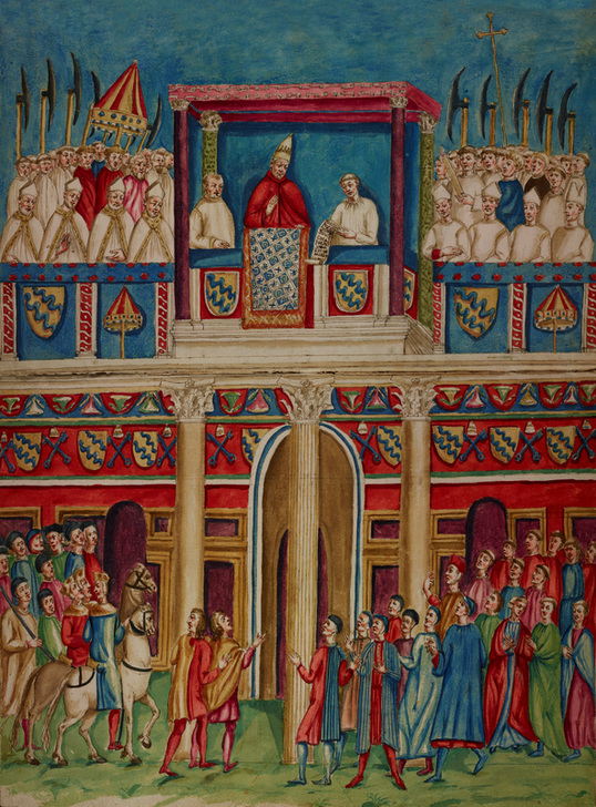 Pope Boniface VIII in the Loggia of the Blessing at the Lateran Palace, by unknown artist. The drawing is a copy from the fresco (about 1300) that some critics attribute to Giotto. AKG6028554 © akg-images / Mondadori Portfolio/Veneranda Biblioteca Ambrosiana/Icas94 Pope Boniface VIII in the Loggia of the Blessing at the Lateran Palace, by unknown artist. The drawing is a copy from the fresco (about 1300) that some critics attribute to Giotto. AKG6028554 © akg-images / Mondadori Portfolio/Veneranda Biblioteca Ambrosiana/Icas94