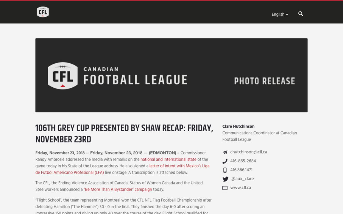 106TH GREY CUP PRESENTED BY SHAW RECAP: FRIDAY, NOVEMBER 23RD