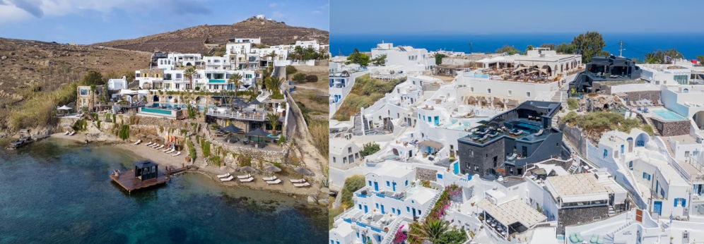 Pictured left to right: Kivotos Mykonos, the island's first boutique hotel, and its stunning sister property, Kivotos Santorini, renowned for its striking jet-black architecture.