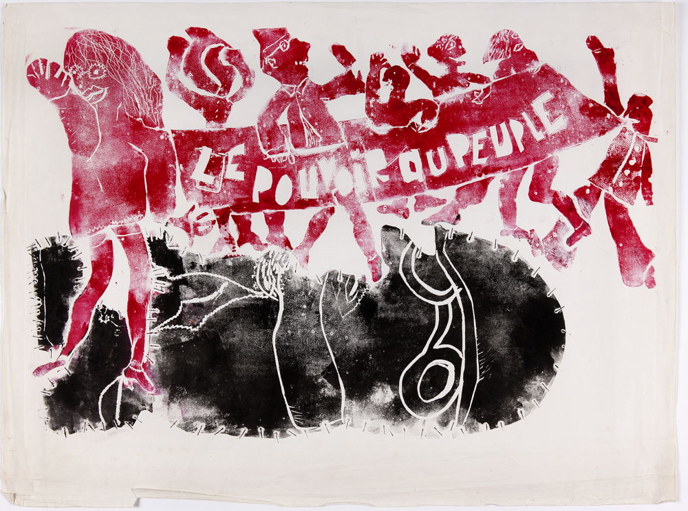 Jacqueline de Jong, Le pouvoir au peuple, 1968. Linocut on paper, 60 × 78 cm. Edition size unknown. Courtesy of the artist and Pippy Houldsworth Gallery, London. Photo: Gert-Jan van Rooij