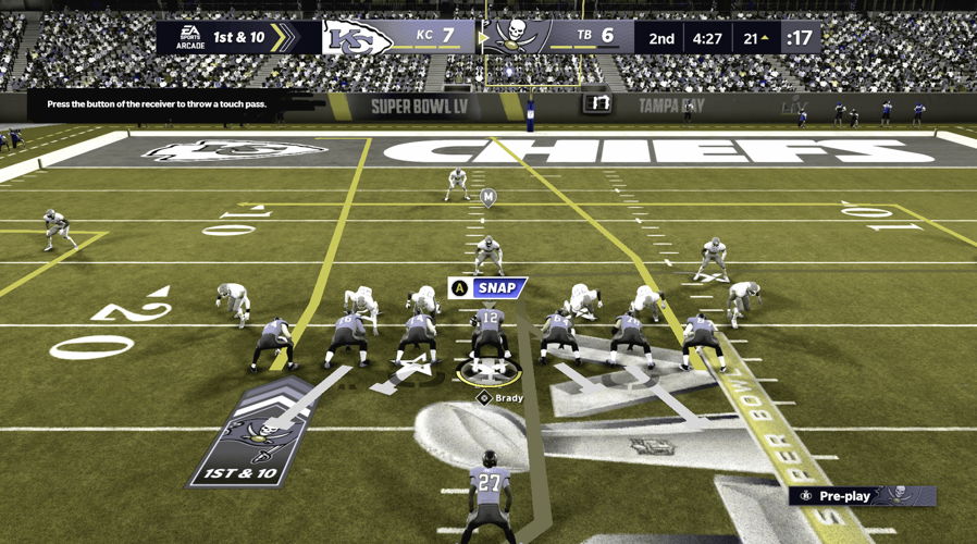 TheTampa Bay offense’s routes in Madden NFL 21 with color blindness settings set to deuteranopia, simulated as seen by someone with red-green color blindness. The technology helps to distinguish between the different types of routes to make it easier for the player to choose the right play, enhancing the gaming experience. 