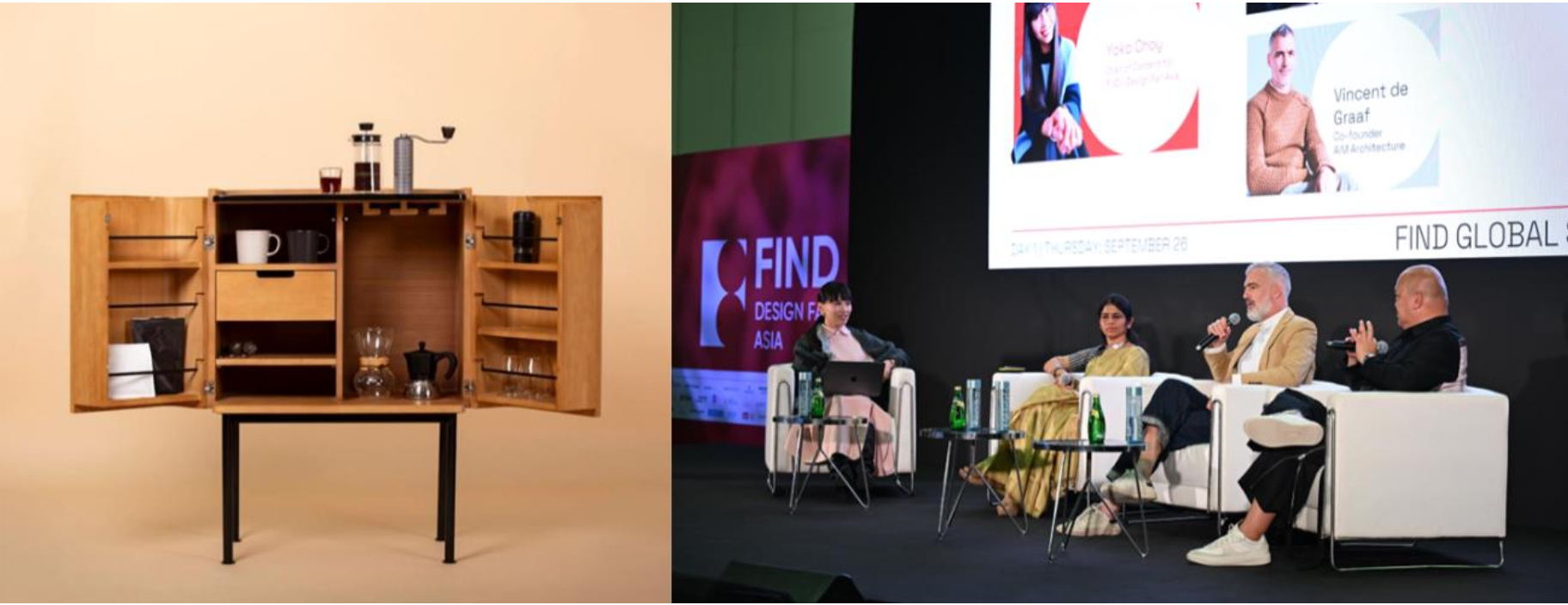 From left: Shelf from EGGWHITE, a Bangkok furniture brand within the Thailand Pavilion; FIND – Global Summit at Marina Bay Sands during SDW 2024. Photos courtesy of dmg events.