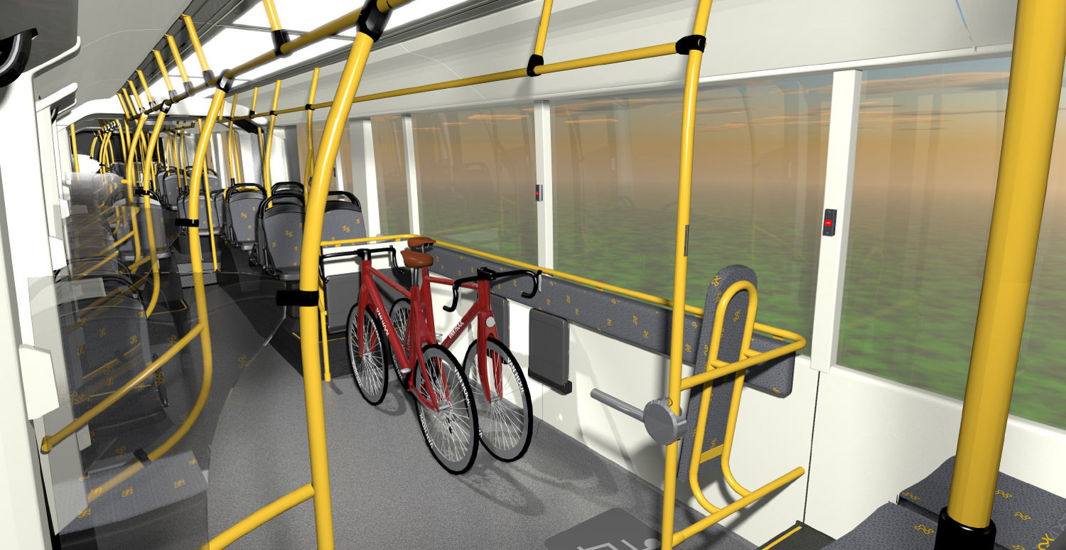 Interieurbeeld van de trambus van De Lijn voor de Brusselse Noordrand. Fabrikant: Van Hool.