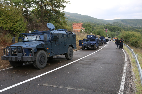 JARINJE, KOSOVO - SEPTEMBER 27: A view from the road to the Jarinje and Bernjak border crossings on the Serbian border in the north of Kosovo as roads guarded by special units of the Kosovo police during continuing protests. Protests continue in the north of the country after Kosovo did not allow vehicles with Serbian license plates to pass and vehicles were given temporary Kosovo licence plates. Kosovo's ban on vehicles with Serbian license plates to pass by Monday morning has created tension between Serbia and Kosovo.