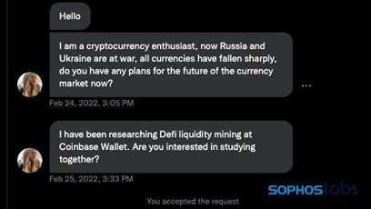 Arriba, una captura de pantalla de una conversación de etapa inicial de un estafador que atrae a un objetivo. Por muy spam que parezca este mensaje directo, la gente está cayendo presa de lo que sigue: CryptoCrime de minería de liquidez.