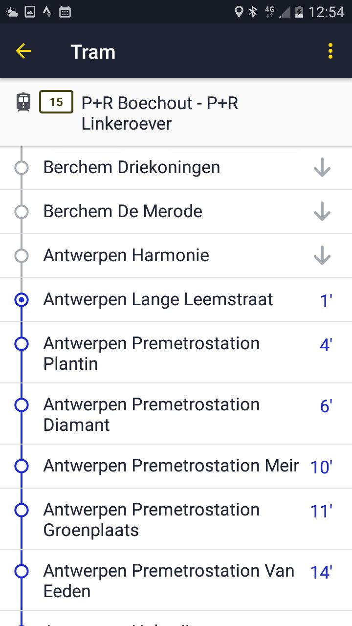 De vernieuwde realtime info in de app van De Lijn. Over hoeveel minuten is de volgende bus of tram er?