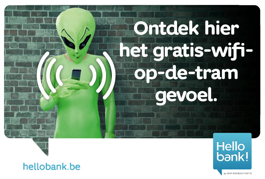 Wifi De Lijn: affiche buitenkant tram / ontdek hier het gratis-wifi-op-de-tram-gevoel