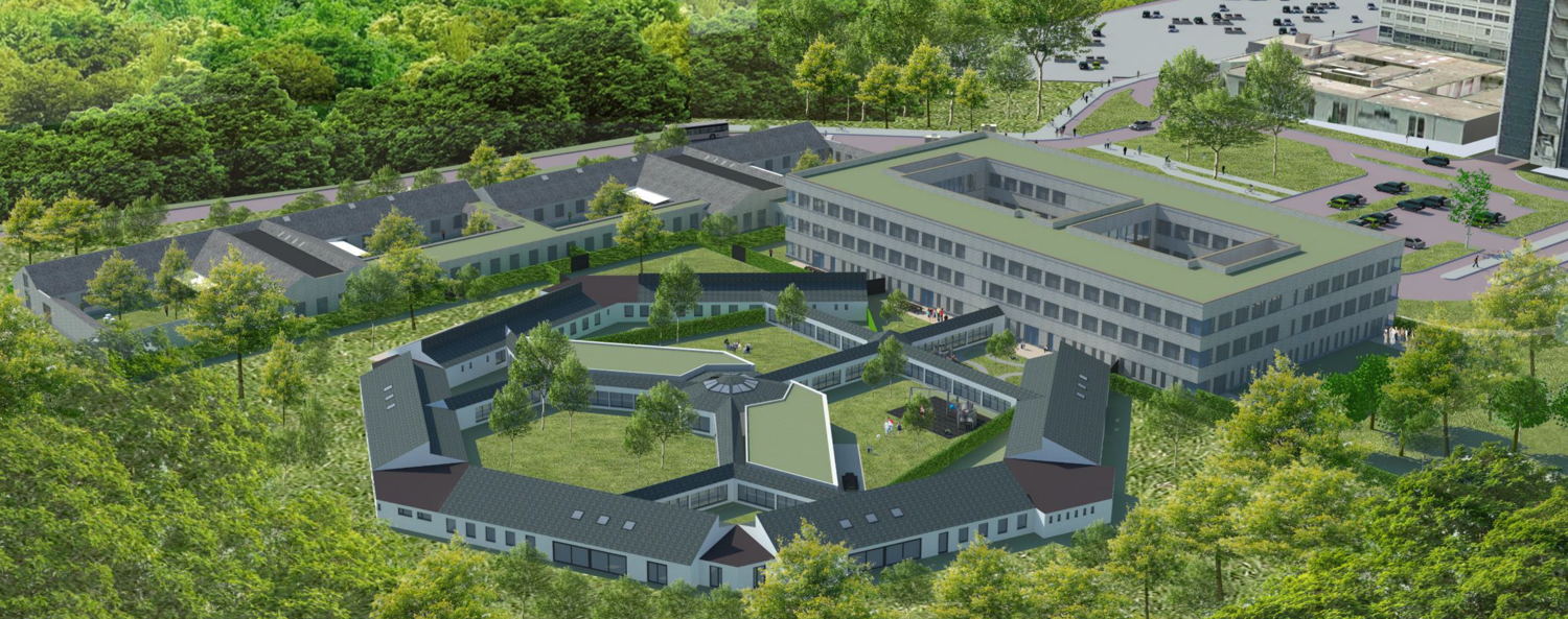 Renovatie en nieuwbouw van ZAS UKJA: het karrenwiel op de voorgrond is de derde en laatste fase van de bouwwerken. Eenmaal afgerond kunnen 138 kinderen en jongeren met geestelijke problemen hier terecht voor opname.