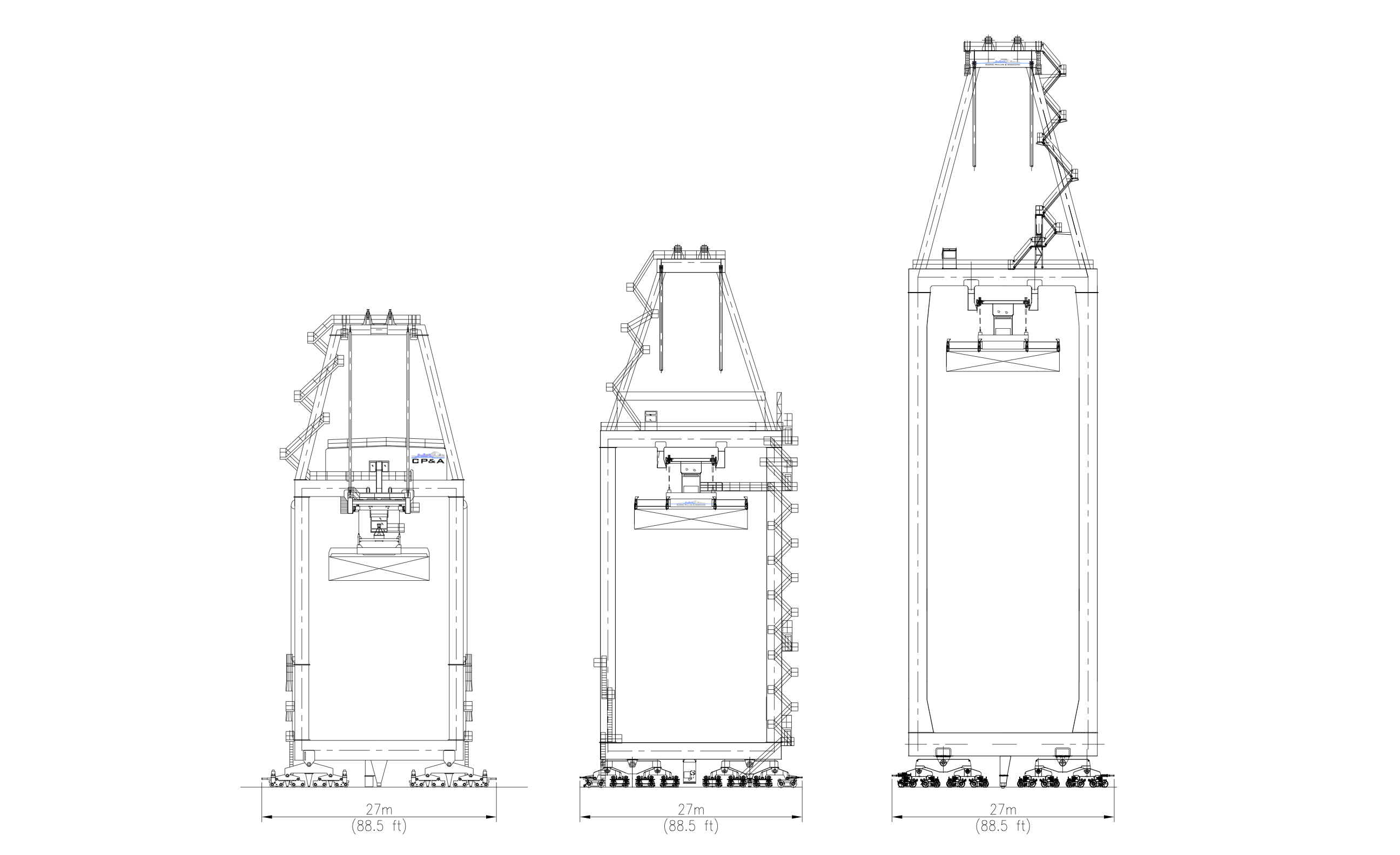 Crane heights have grown but the out-to-out dimension has remained constant. Left crane is circa 1995; center crane is circa 2000; right crane is circa 2020. The approx. 88.5 ft. (or 27m) crane width limits the effective length of the dock that can be used to support each crane.