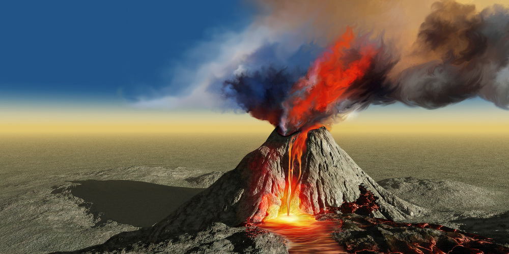 Illustration of an active volcano belching smoke and molten red lava in an eruption. AKG4510827 ©  akg-images / Corey Ford / Stocktrek Images