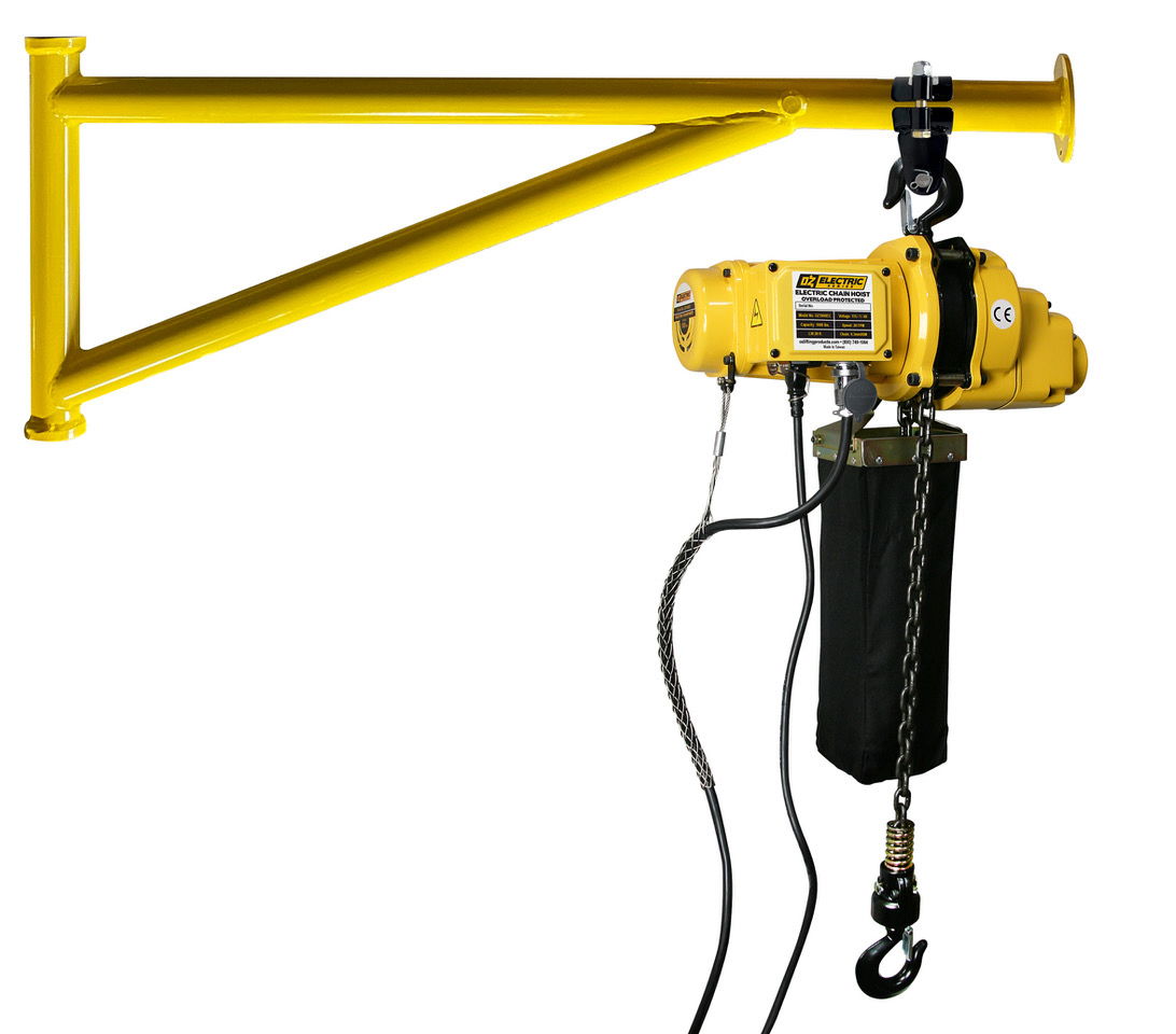 The OZ Lifting hoist clamp presents a quick, easy, and safe way to hang hoists from its pipe- and wall-mounted arms.