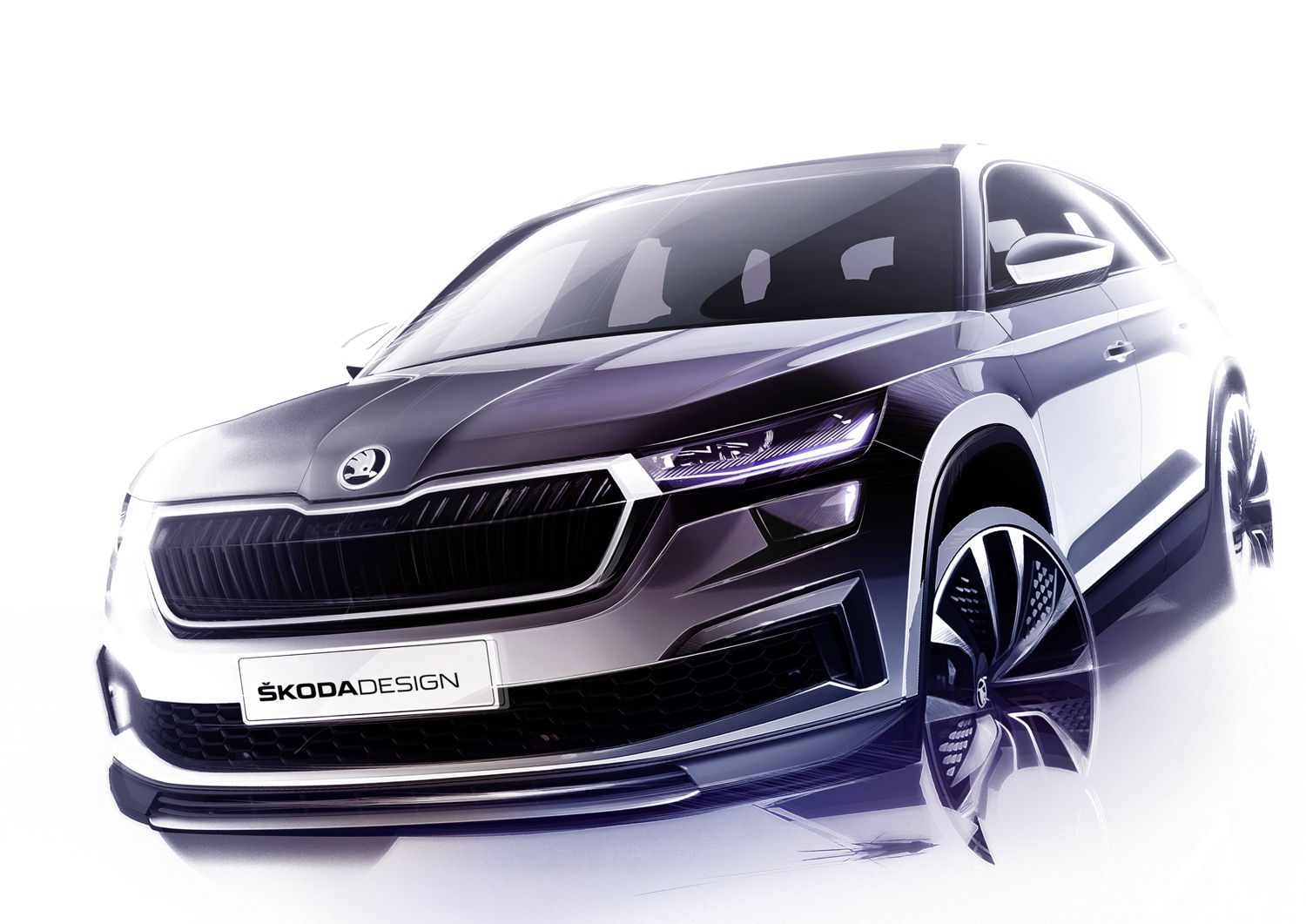 An official design sketch illustrating the front of the updated ŠKODA KODIAQ shows a redesigned bonnet, a more upright and now hexagonal ŠKODA grille as well as slimmer full LED headlights.