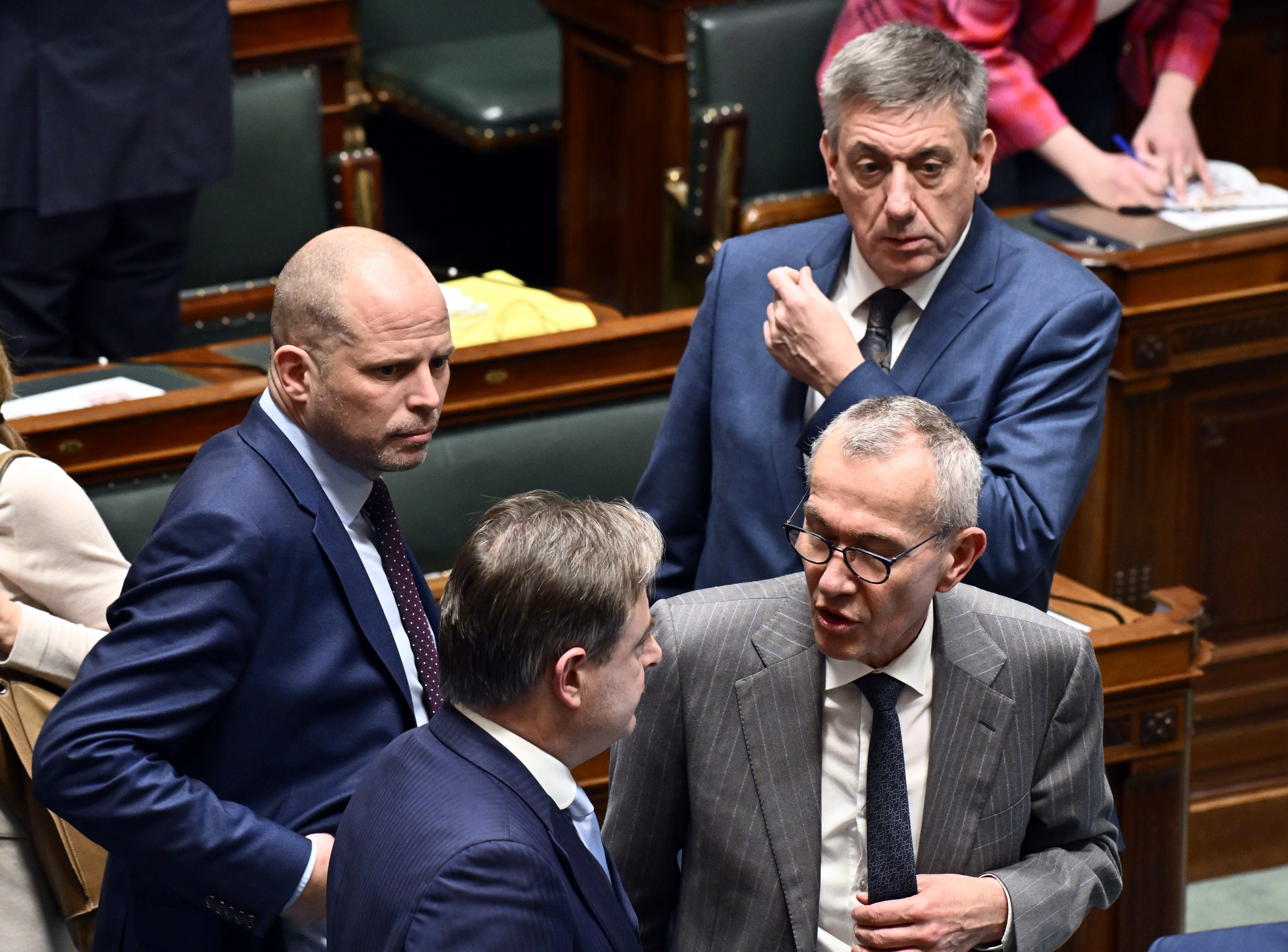 Minister of defence and foreign trade Theo Francken, prime minister Bart De Wever, vice-prime minister and minister and minister of public health and social affairs Frank Vandenbroucke and vice-prime minister and minister of finance, Jan Jambon pictured during a plenary session of the chamber in Brussels on Tuesday 04 February 2025. © BELGA PHOTO ERIC LALMAND