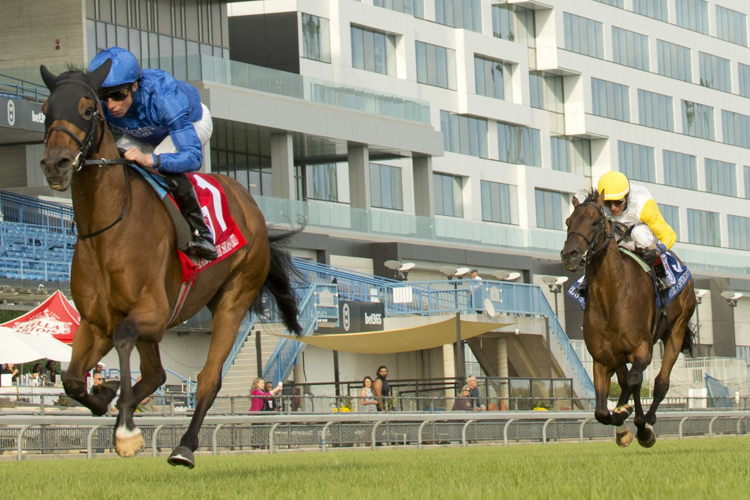 Master of The Seas and William Buick winning the Grade 1 Ricoh Woodbine Mile. (Michael Burns Photo)