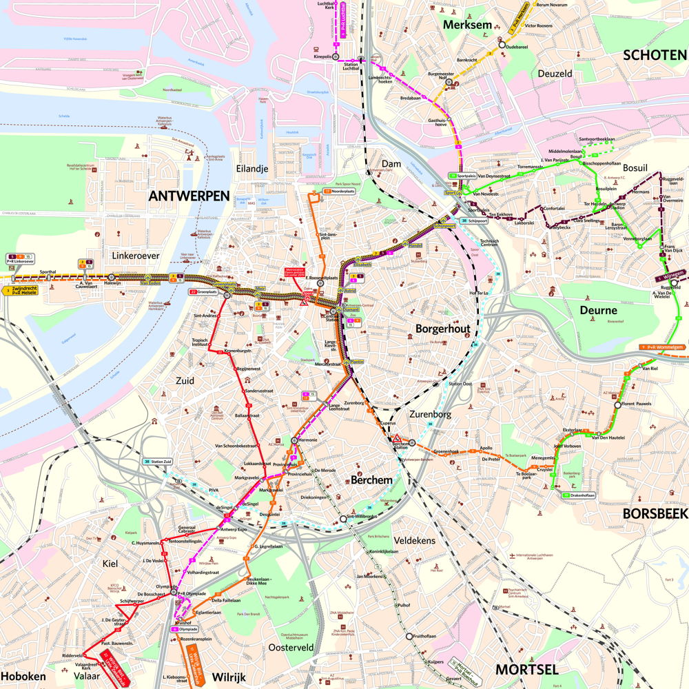 De 9 toegankelijke lijnen in en rond de stad Antwerpen.