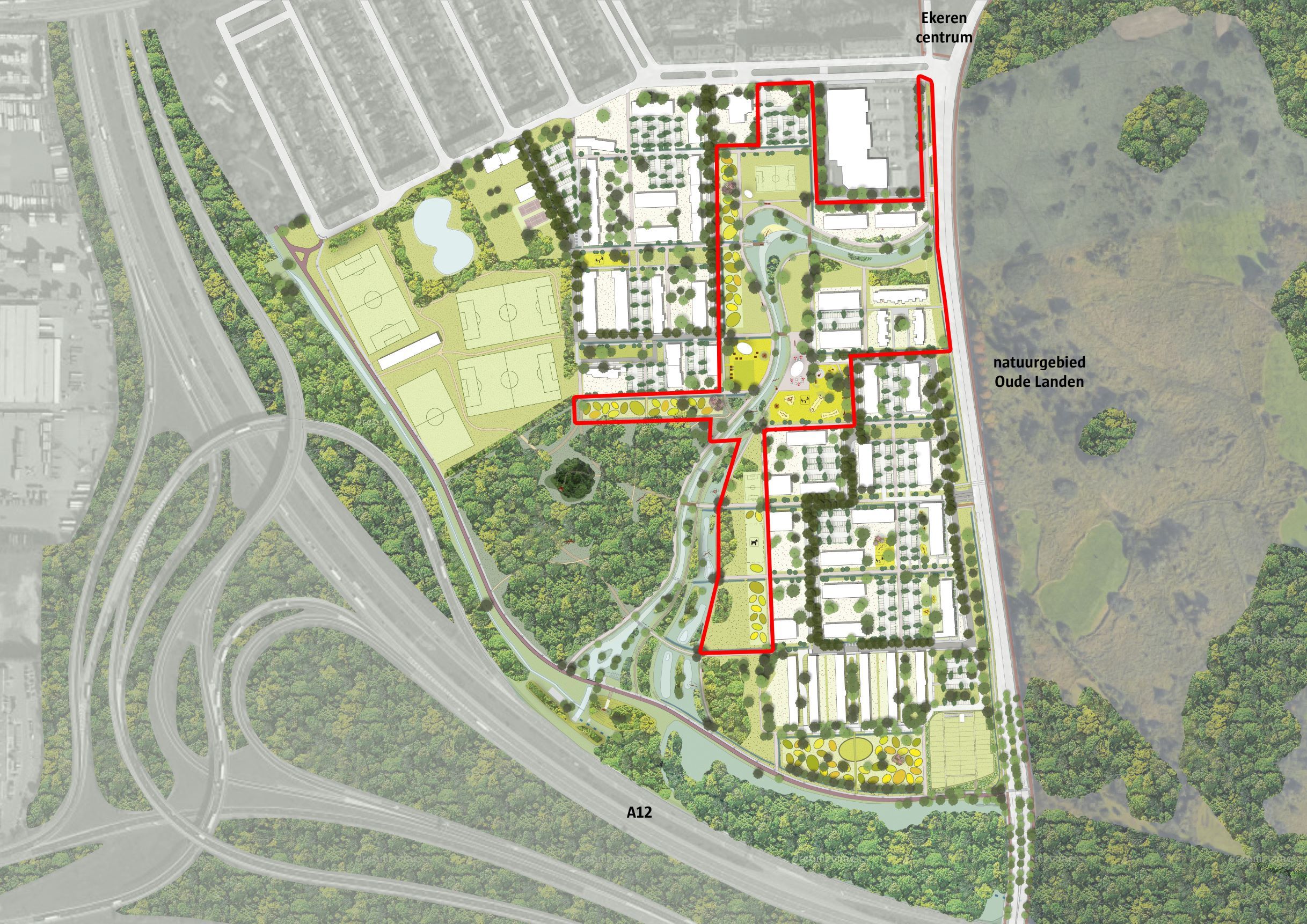 Overzichtsplan met in het rood de contouren van Rozemaaipark fase 2 ​ - ©Stad Antwerpepn