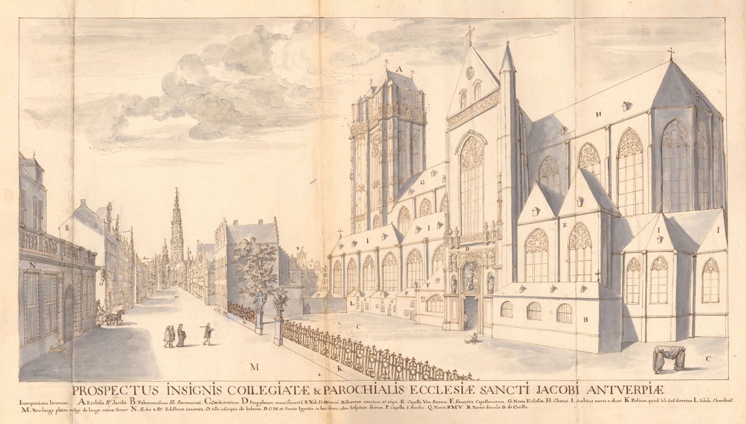 Deze spectaculaire prent toont de Lange Nieuwstraat in de richting van de kathedraal, en de zuidelijke kant van de Sint-Jacobskerk. Rechts op het kerkhof is een begrafenis bezig, en voor het zuidportaal zit een bedelaar. Het kerkhof is nu helemaal volgebouwd op een kleine toegangsweg na.