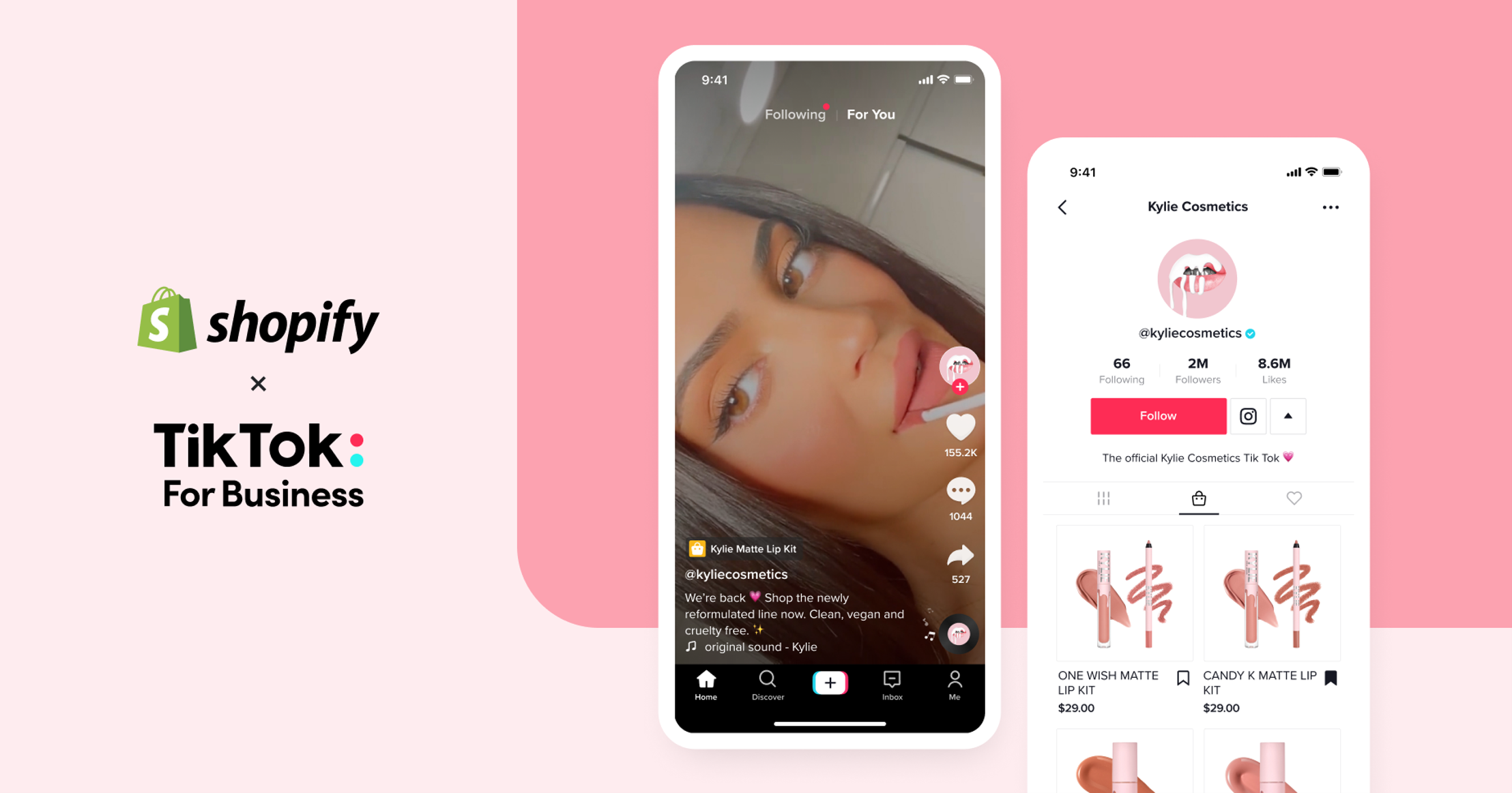 Imagem mostra o logo da Shopify e o logo do TikTok For Business. À direita da imagem, há uma captura de tela da conta no TikTok da Kylie Cosmetics e de um vídeo com o rosto da Kylie Jenner.