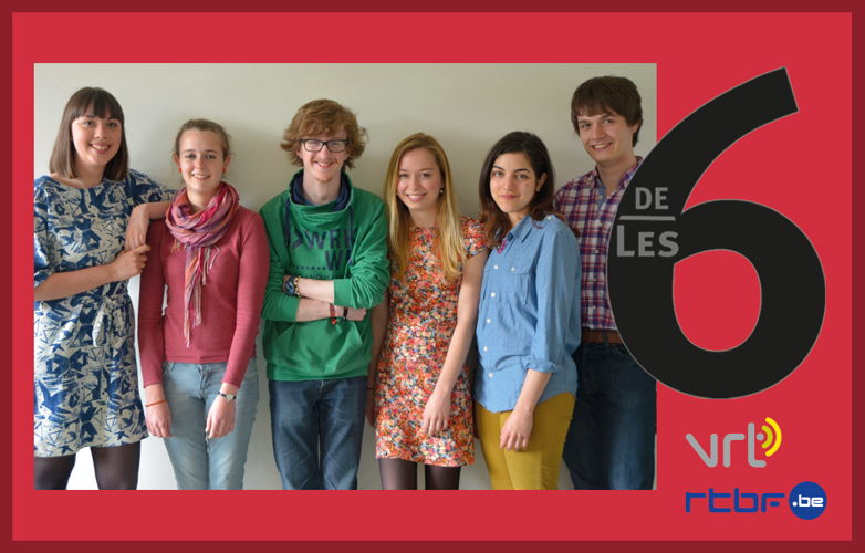 DeZES|lesSIX :  vlnr Charlotte Verdoodt, Alice Van Leuven, Merlijn de Coorde, Alix Lagasse, Clara Lévy, Pierre Vopat - (c) VRT/RTBF