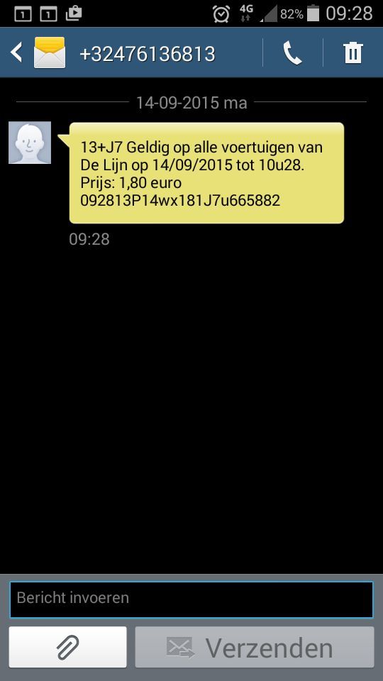Een aangevraagd sms-ticket, geldig voor 60 minuten onbeperkt overstappen.