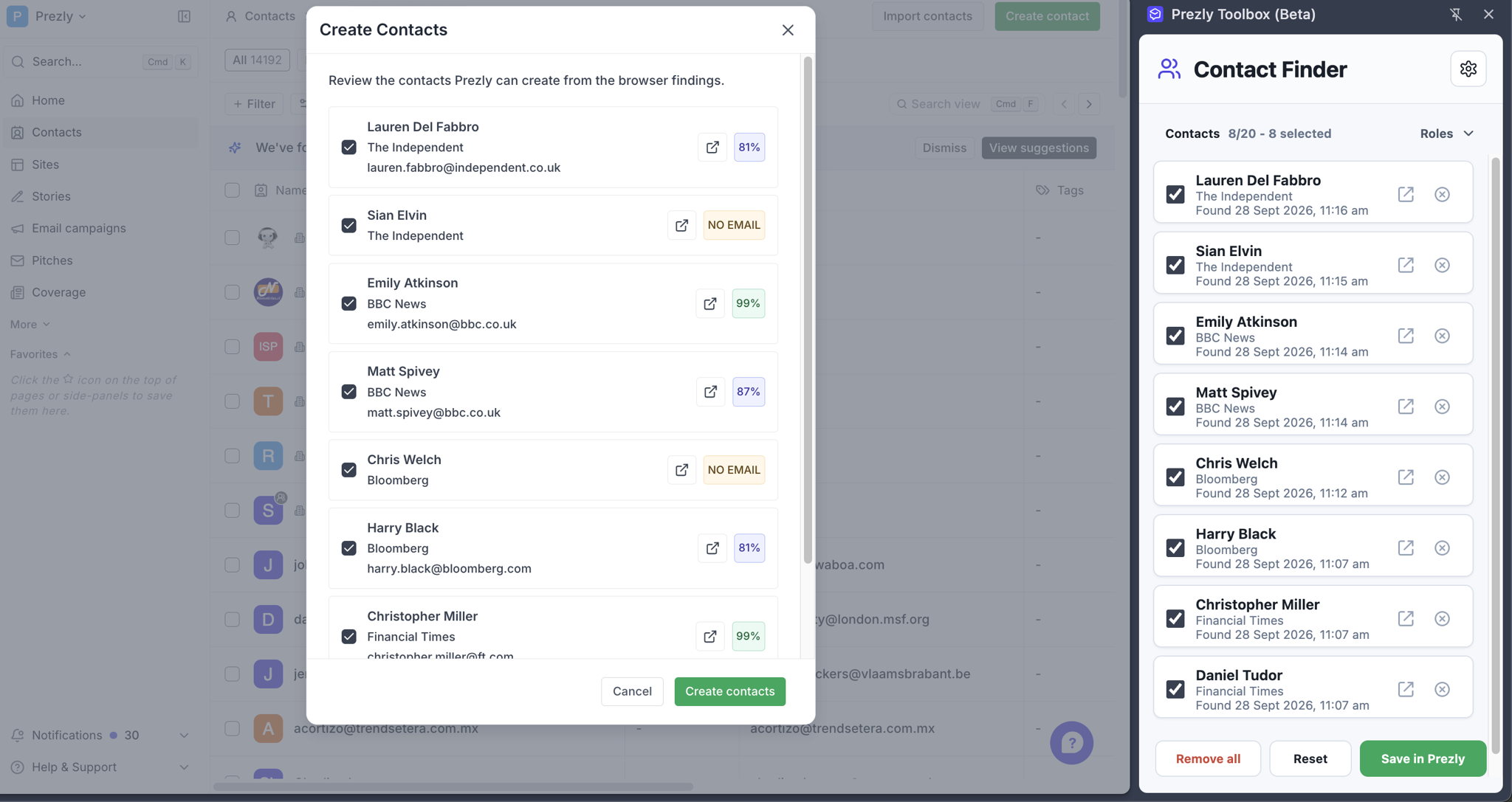 Review the findings in Prezly and confirm which contacts to create. Review the findings in Prezly and confirm which contacts to create.