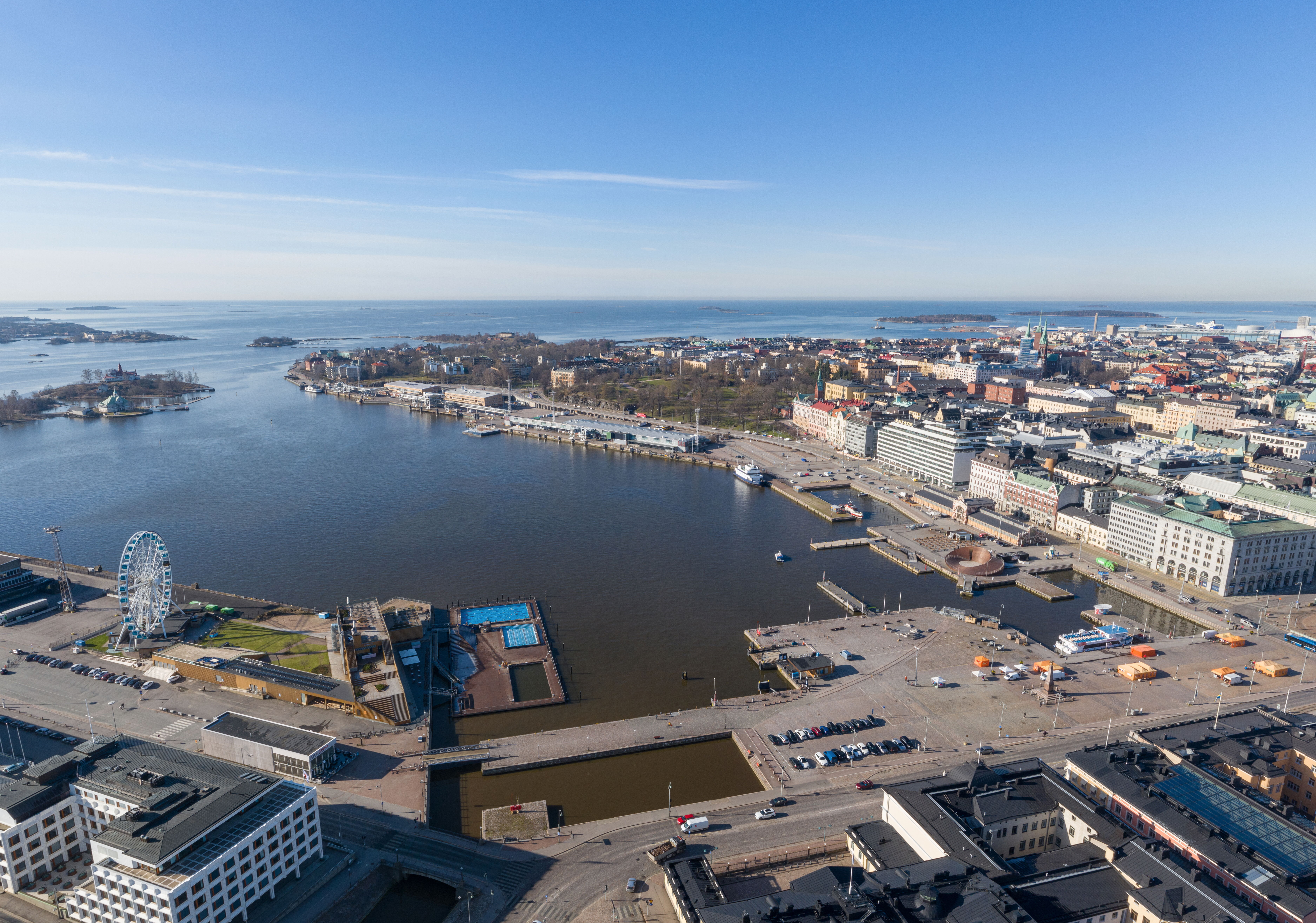 View of Makasiiniranta and Helsinki’s wider South Harbour area and archipelago