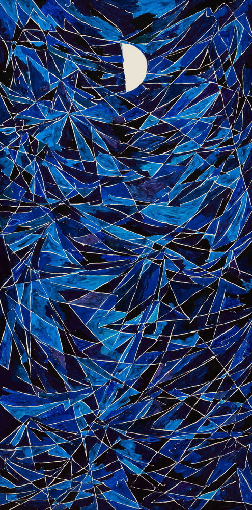 Else Alfelt, Dark blue mountain rhythm with half moon, 1970, olieverf op paneel, collectie Carl-Henning Pedersen & Else Alfelt Museum, Herning, Denemarken
