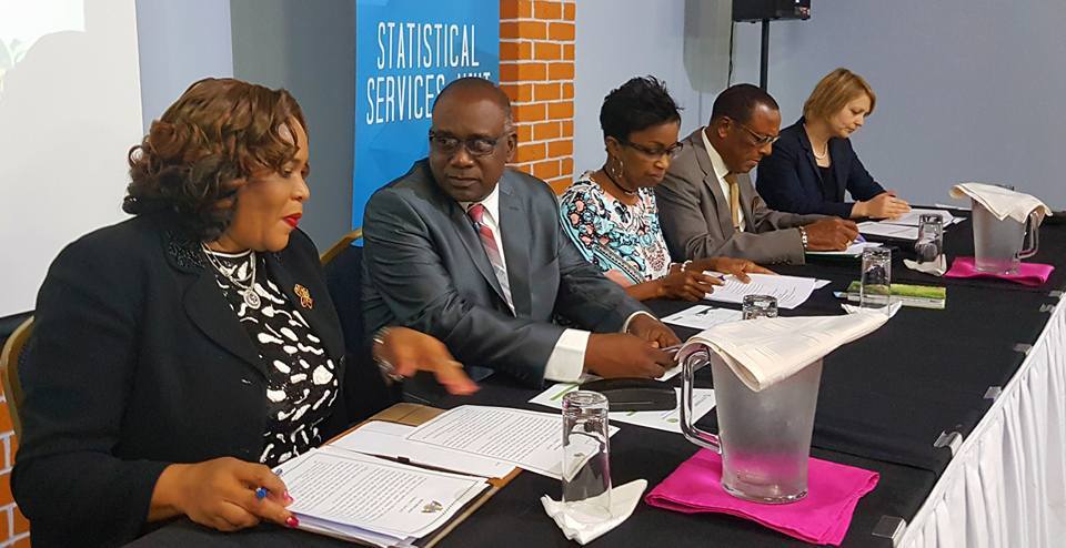 Head table at the OECS RSDS Launch (L-R Mrs. Gloria Joseph, Permanent Secretary in the Ministry of Planning, Economic Development and Investment in Dominica; Hon. Oliver Joseph, Minister of Economic Development, Trade, Planning, Cooperatives and International Business in Grenada; Dr. Gale Archibald, Head of the Statistical Services Unit at the OECS Commission; H.E. Sydney Osbourne, OECS Commissioner and CARICOM Ambassador for St. Kitts and Nevis; and Ms. Yevgniya Savchenko, Economist at the World Bank.