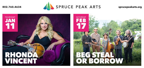 Bluegrass Royalty Rhonda Vincent and Vermont Bluegrass staple Beg, Steal or Borrow to Grace the Stage at Spruce Peak Arts this January and February