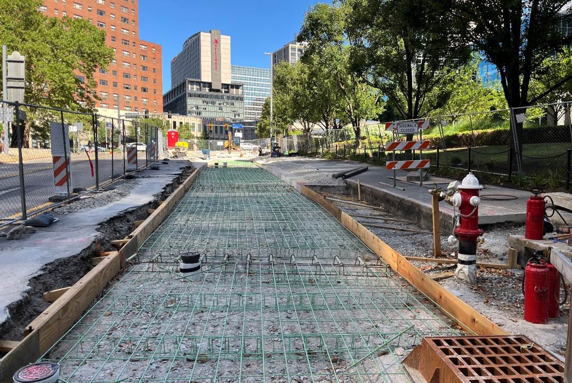 Inside the work zone at Sixth Avenue and Grant Street where the new roadway was framed with wood and reinforced with steel rebar before the concrete was poured