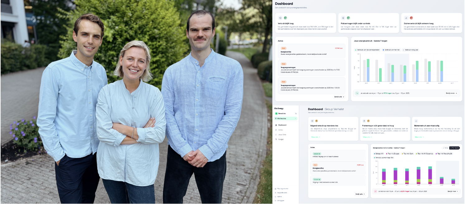 Rechts: Co-founders v.l.n.r. Arthur Despiegelaere, Benedicte Boonefaes en Quinten Rosseel. Links: Dashboard Ella Energy Rechts: Co-founders v.l.n.r. Arthur Despiegelaere, Benedicte Boonefaes en Quinten Rosseel. Links: Dashboard Ella Energy