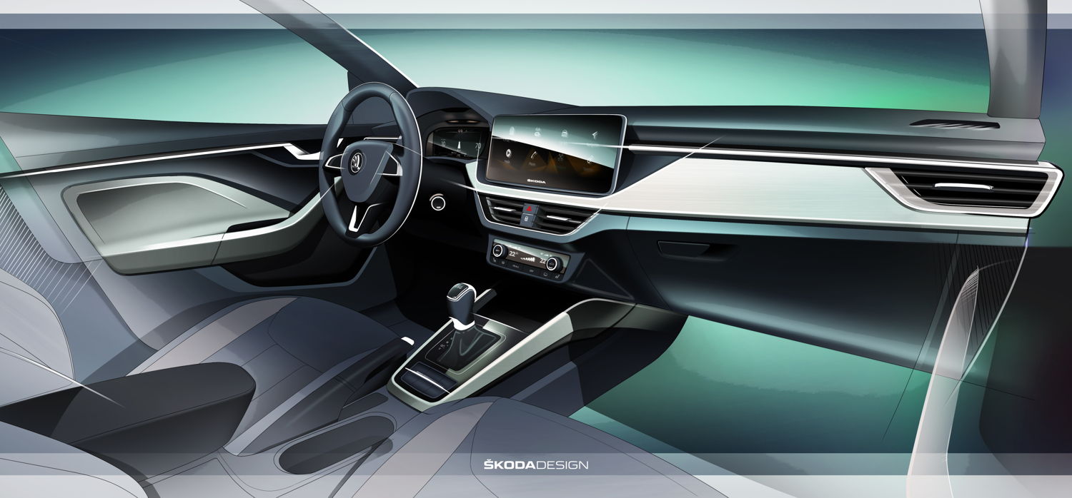 The ŠKODA SCALA marks the debut of a new interior concept dominated by a new instrument panel and a central display that's positioned high up.