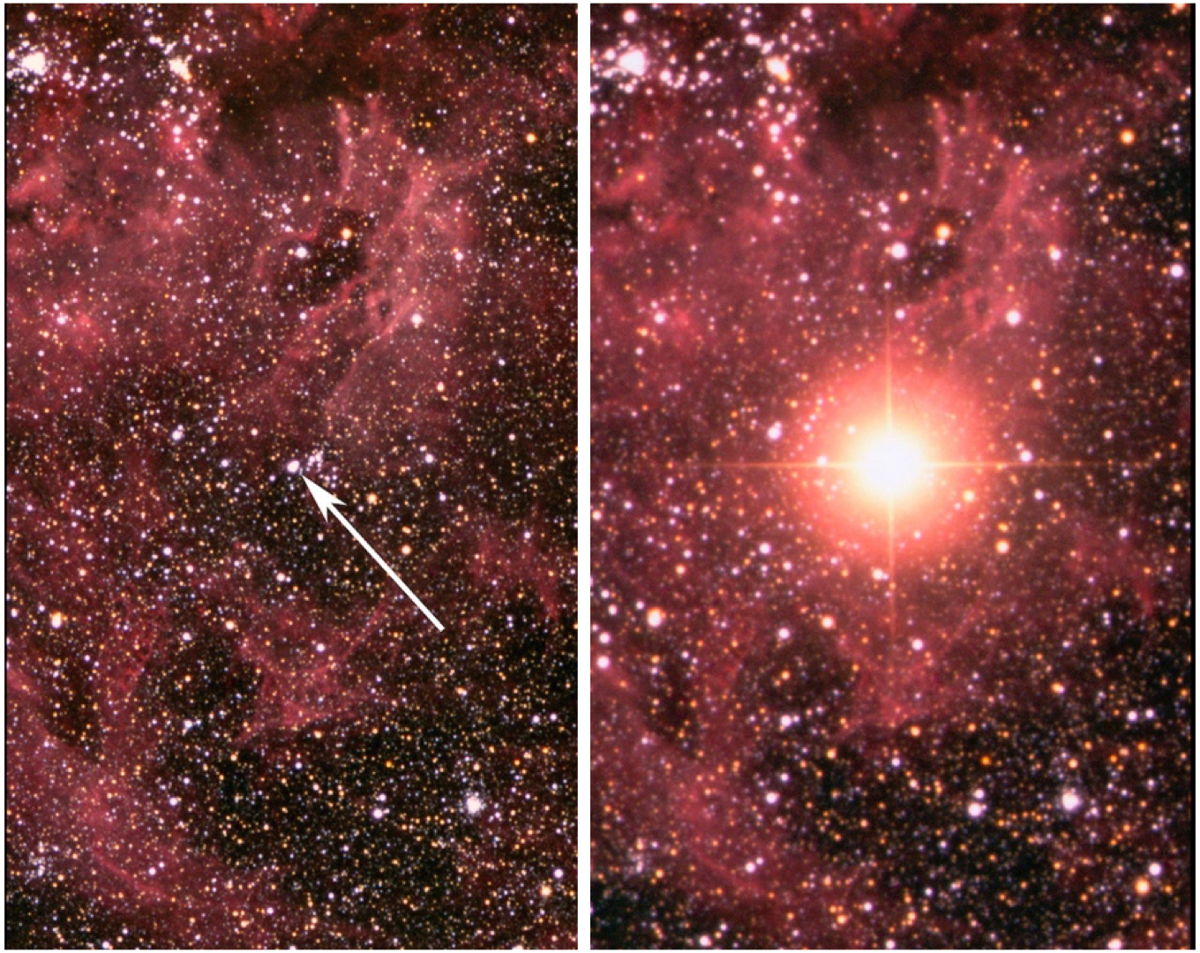 Fig. 4. De ster die explodeerde vóór de explosie op 23 februari 1987 (links) en na de explosie (rechts). Dit illustreert de enorme toename in de helderheid van de supernova. Credit: David Malin AAT.