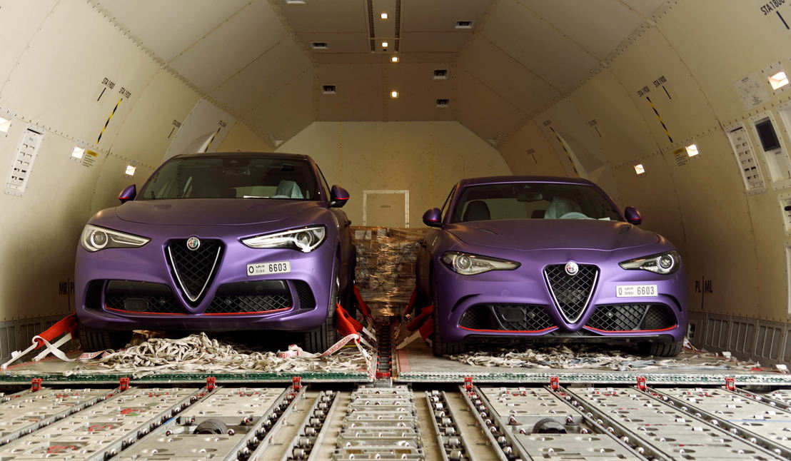 An Alfa Romeo Stelvio Quadrifoglio and an Alfa Romeo Giulia Quadrifoglio were transported onboard an Emirates SkyCargo Boeing 777 freighter