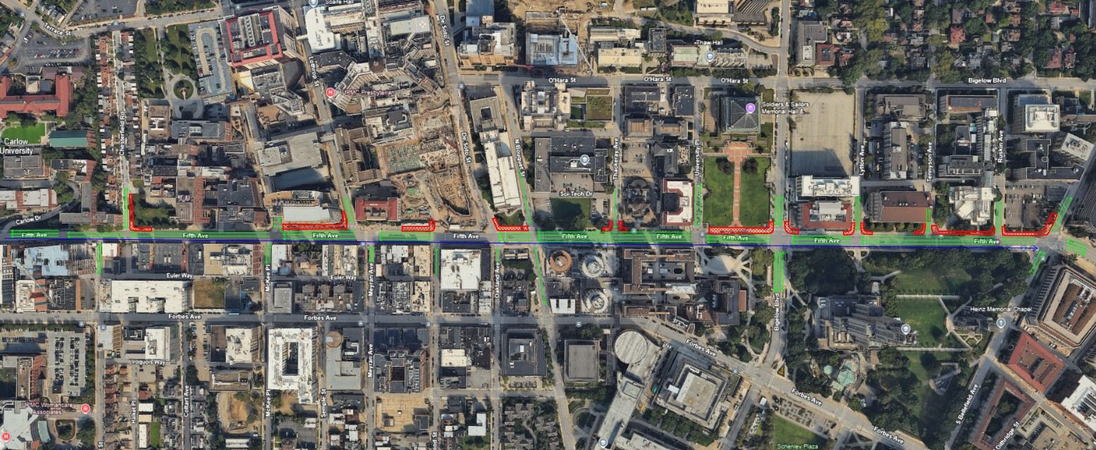 Image: The new work zone in Oakland extends along the north side of Fifth Avenue from Carlow Drive to Bellefield Avenue.