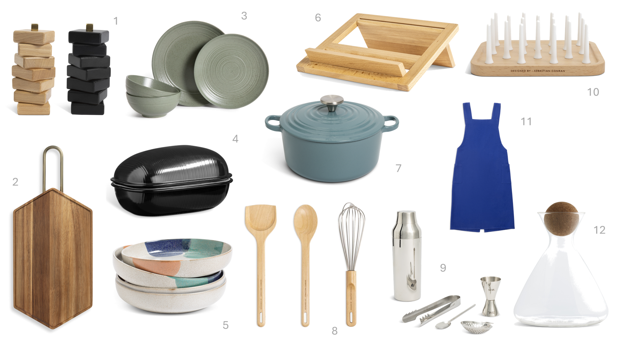 1.Habitat 60 Cayan Salt and Pepper Set, £24, 2.Habitat 60 Block Acacia Wood Chopping Board, £12, 3.Habitat Textured Ripple 12 Piece Stoneware Dinner Set – Sage, £55, 4.Habitat 60 Poulet Stoneware Chicken Brick - Black, £20, 5.Habitat 60 Recast 4 Piece Stoneware Pasta Bowls, £24, 6.Designed by Sebastian Conran Cookbook Stand, £20, 7.Habitat Timeless 3.3L Cornflower Blue Cast Iron Casserole Dish, £45, 8.Designed by Sebastian Conran 3pk Utensil Set, £15, 9.Habitat 60 Boogie Woogie Cocktail Set by Tord Boontje –Steel, £28, 10.Designed by Sebastian Conran Toast Rack, £14, 11.Habitat 60 Maubec Kitchen Apron – Blue, £12, 12.Designed by Sebastian Conran Decanter, £18