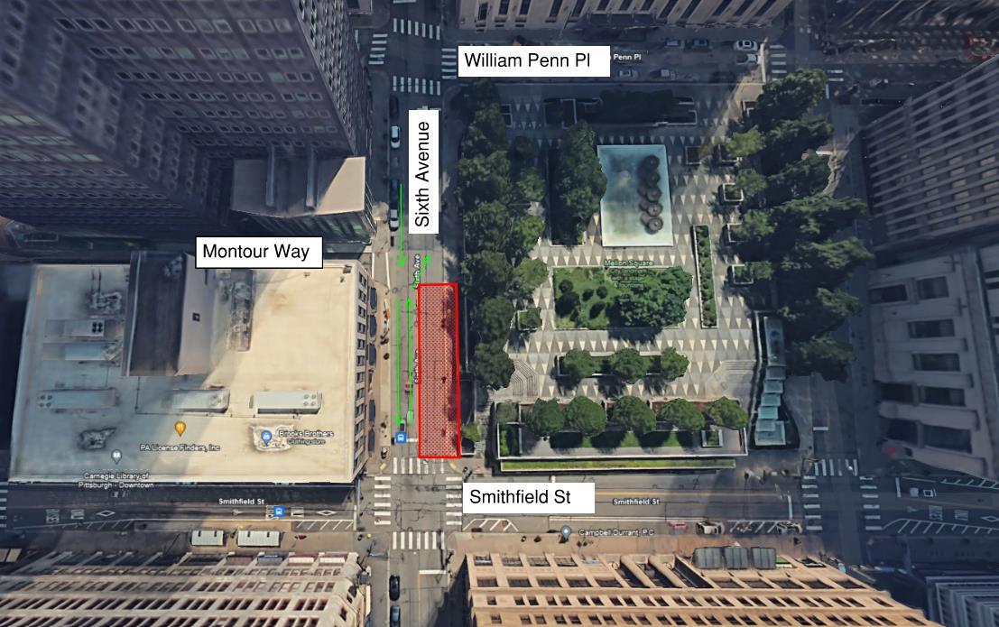 An aerial image of Sixth Avenue between Smithfield Street and William Penn Place depicting the lane restrictions beginning on Tuesday, May 28