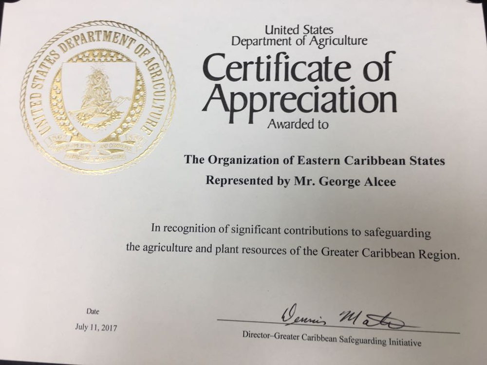 Certificate of Appreciation awarded by the US Department of Agriculture to the OECS