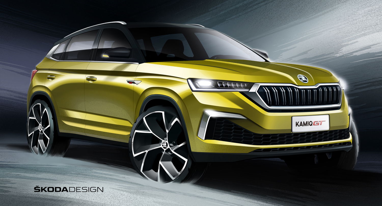 The exterior sketch of the new ŠKODA KAMIQ GT
highlights its sporty and powerful appearance with a
distinctive front and an elegant, flowing roofline.
