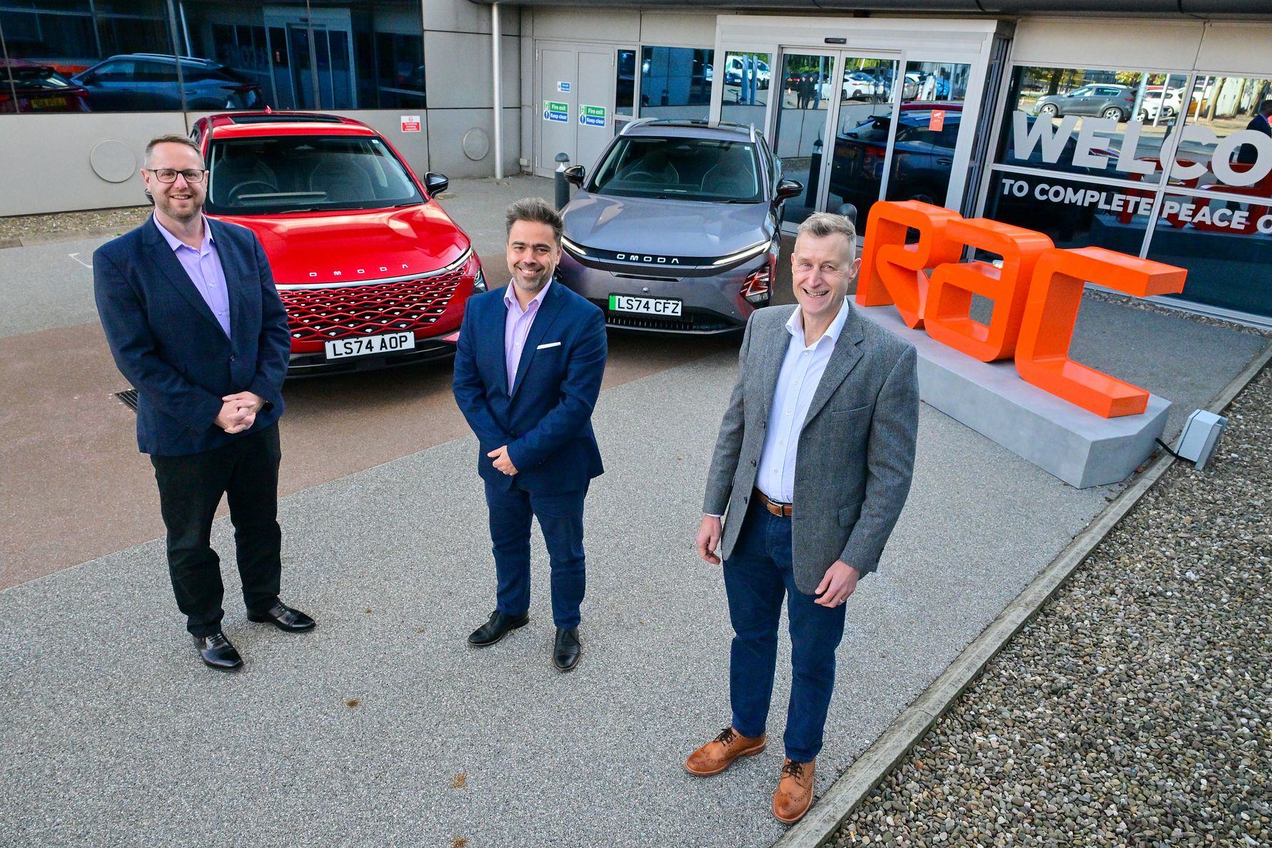 Left to right: Craig Danns, OMODA aftersales, quality and warranty manager UK; Thanos Athanasoulas, OMODA aftersales manager UK; John Ellis, RAC head of OEM roadside