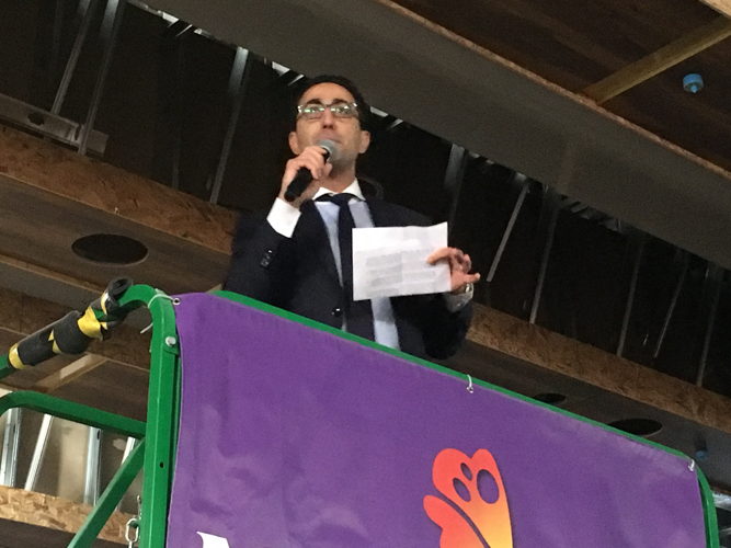 Monarch Casino Resort Spa Chief Operating Officer David Farahi delivers remarks during today's topping off ceremony.