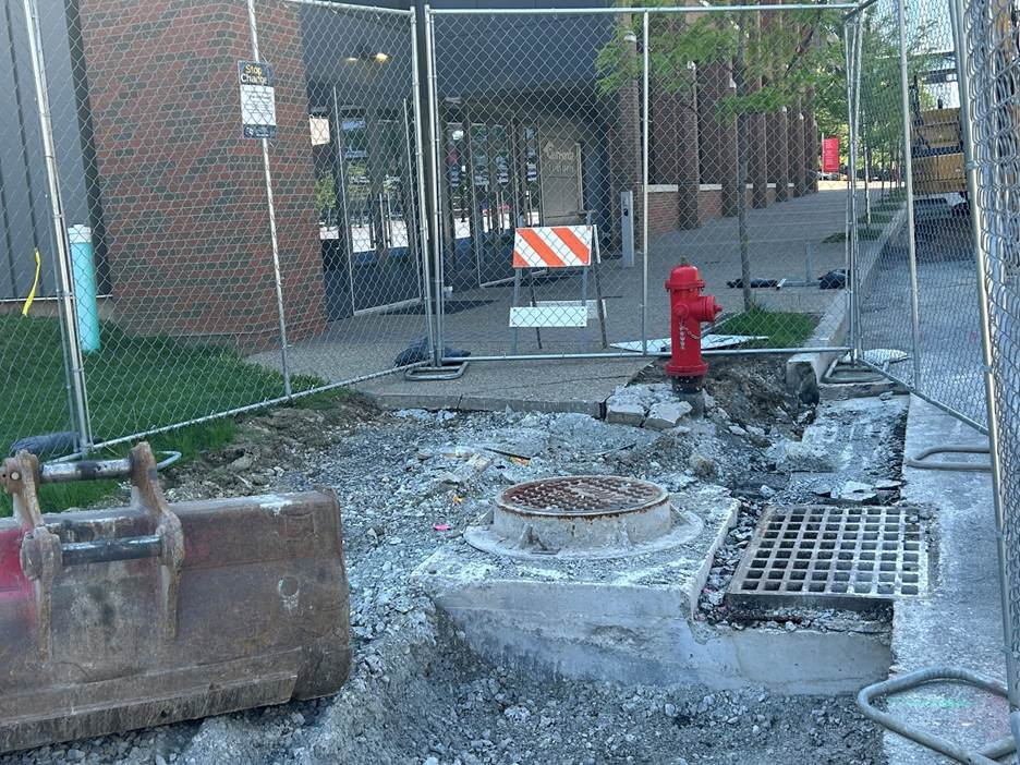 Sidewalk demolition in preparation for utility work on Forbes Avenue before Stevenson Street Sidewalk demolition in preparation for utility work on Forbes Avenue before Stevenson Street