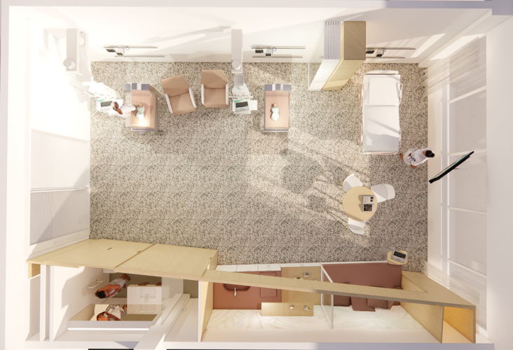 Simulatie van het bovenaanzicht van een  kamer in de gezamenlijke NICU van GZA en ZNA. (Copyright SVR-ARCHITECTS)