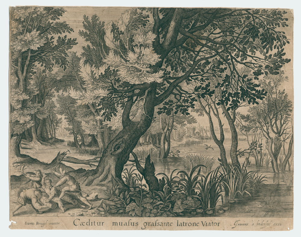 Drie struikrovers overvallen een reiziger - Kopergravure (prent) uit de collectie van het Museum Plantin-Moretus