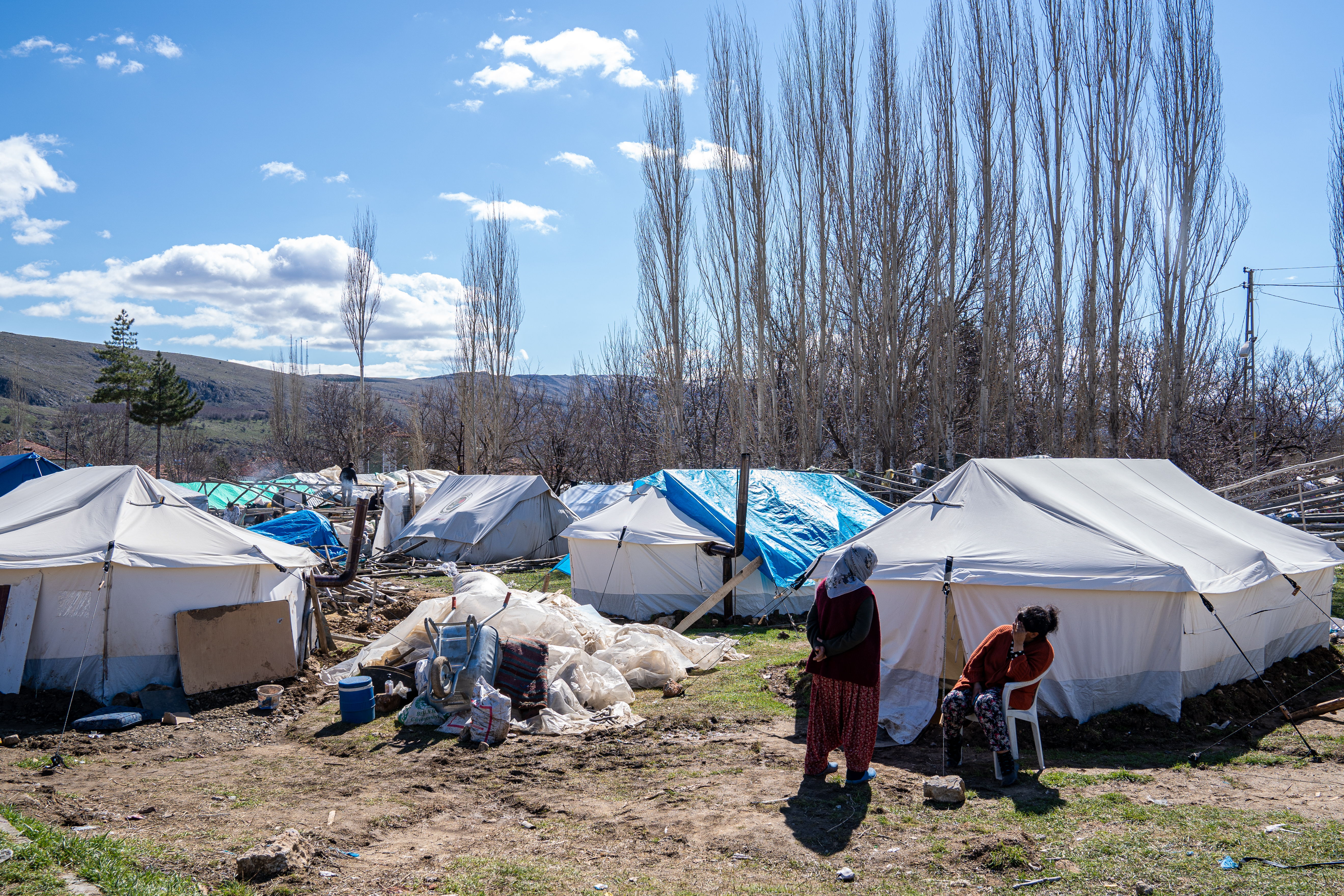 People find temporary refuge in tents after earthquakes and flooding affected Polat village, Malatya, Türkiye.