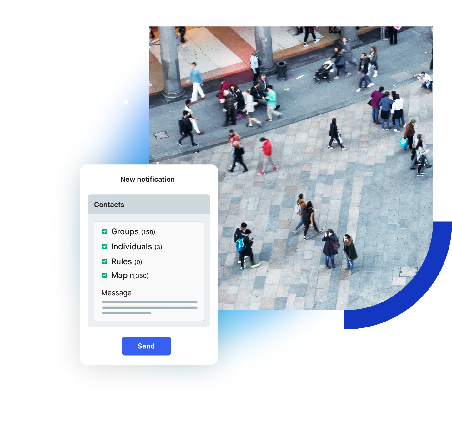 Everbridge sample notification setup with recipient groups, individual contacts, rules and map targeting