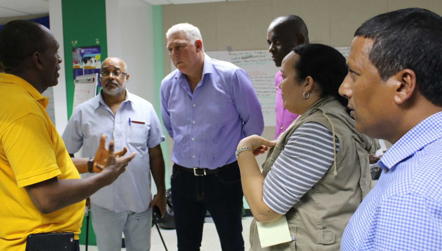 Prime Minister Chastanet, Prime Minister Skerrit and Dr. Didacus Jules meet with disaster management officials.
