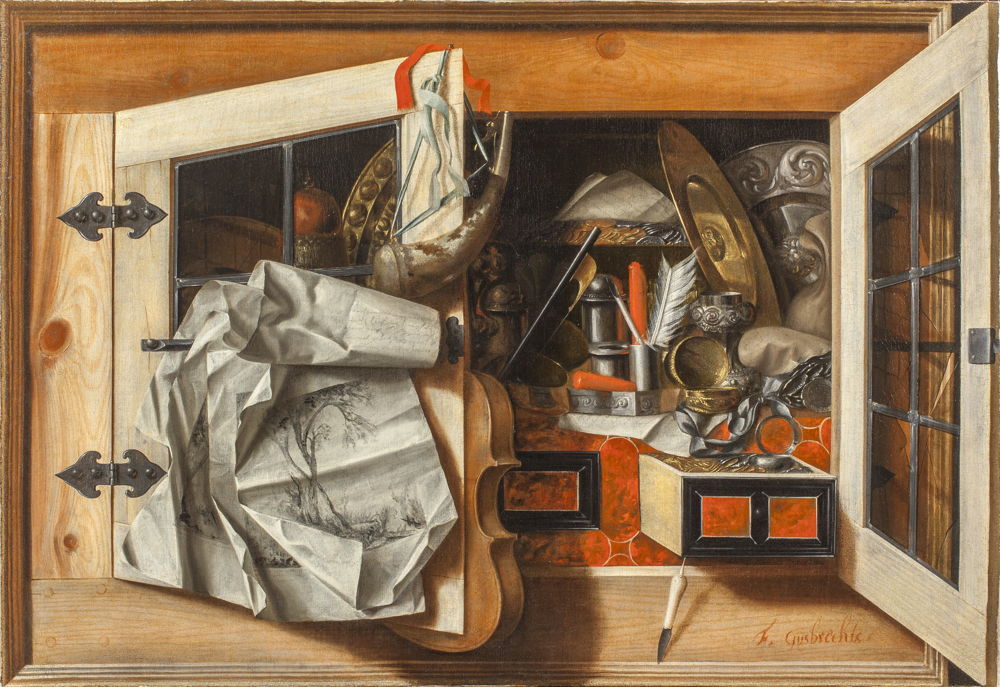 Franciscus Gysbrechts Antwerp 1649 - after 1676 A Trompe L'Oeil of a Wall Cabinet with a Violin, a Hunting Horn, Writing Implements, Silver Gilt Dishes and Engravings, the Glass Doors half opened Oil on Canvas 82.2 x 118.8 cm