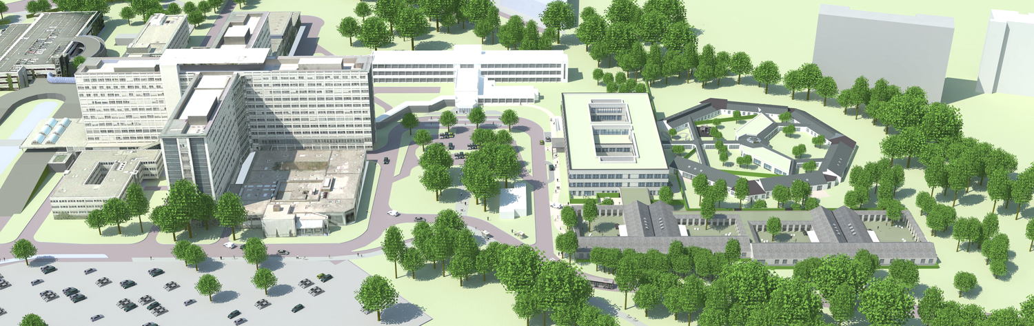 Totaaloverzicht van  de Middelheimsite met inplanting van de nieuwe en de te renoveren gebouwen van ZNA UKJA - rechts in beeld. (© Bladt & Verstraeten arch & irs bv)