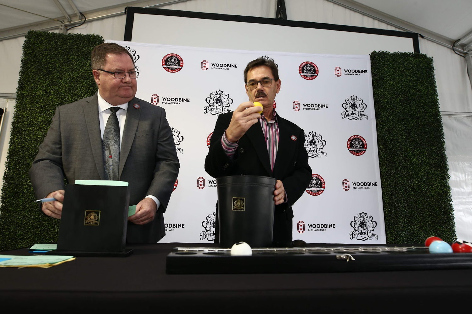 Scott McKelvie and John Campbell conducting the draw for the 2019 Breeders Crown.